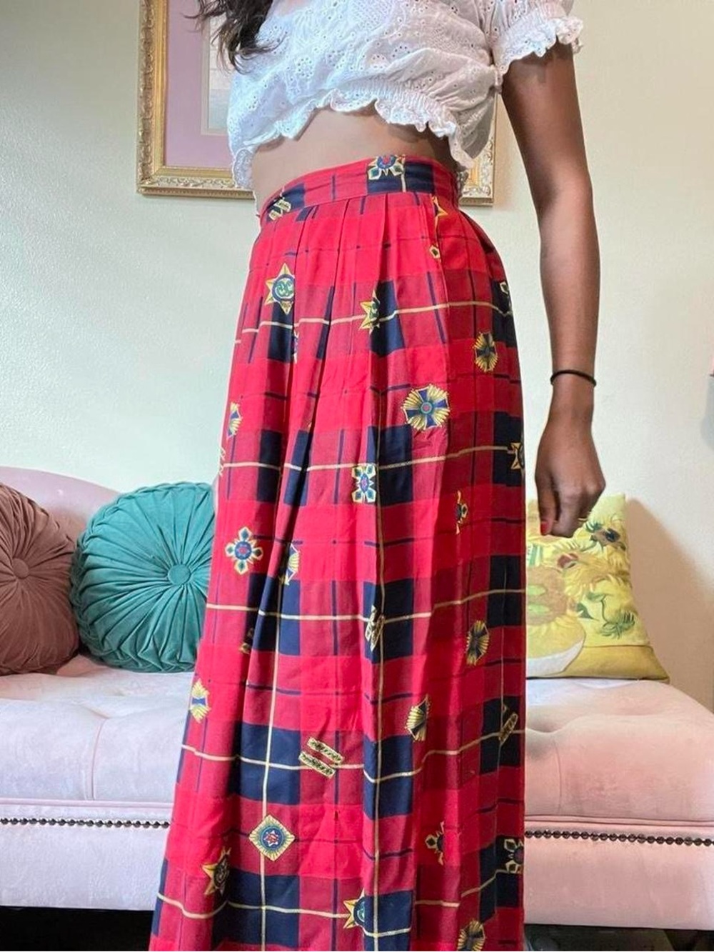 Vintage Primary Colored Plaid Printed Pleated Maxi Skirt